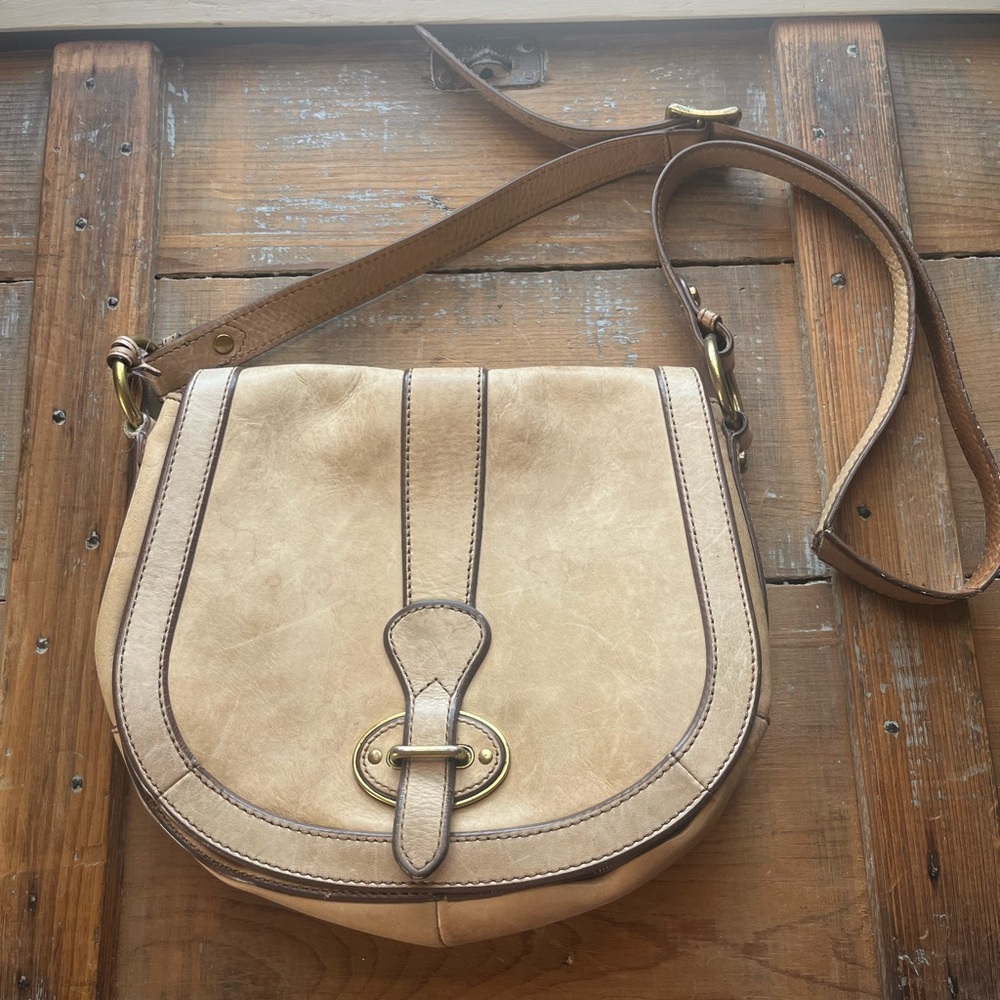 Cream Crossbody Bag with Leather Trim and Adjustable Strap